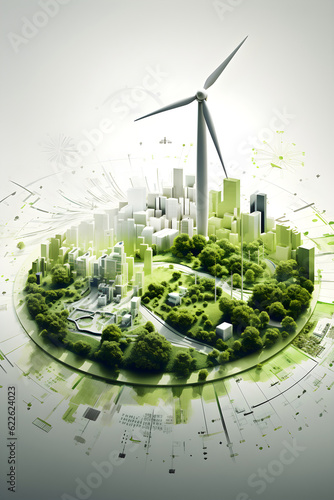 Visual and infographic of a green city in a circle field, windmill, sustainability concept.