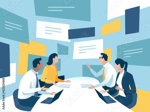 Discussion. An Argument. People sit at a conference table and point to a messages floating in the virtual space around the table. Vector concept illustration.
