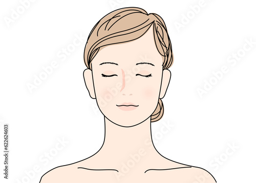 目を閉じた日本人女性の顔正面アップのイラスト 上半身バストアップ