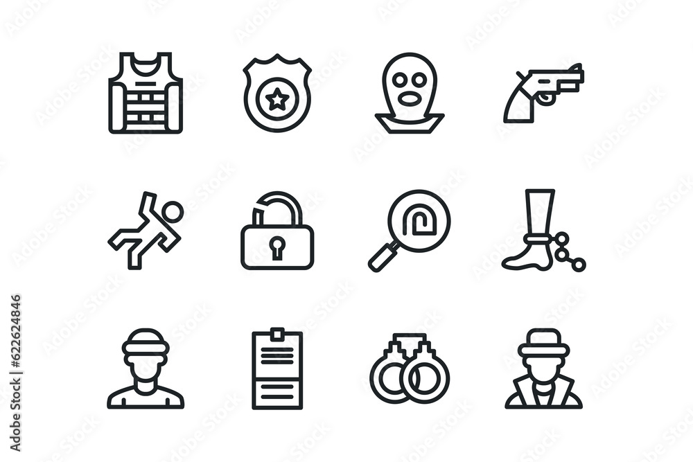 Set of crime icons. Thin linear style icons Pack. Vector Illustration Set of crime icons. Thin linear style icons Pack. Vector Illustration