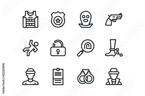 Set of crime icons. Thin linear style icons Pack. Vector Illustration