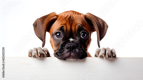 Adorable Boxer Puppy Peeking Out from Behind White Table with Copy Space. Generative AI.