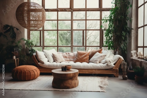 Eclectic Charm Modern Living Room with Boho Style Interior Design. Generative AI