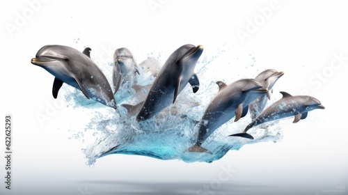 A group of dolphins jumping out of the water. Generative AI image.