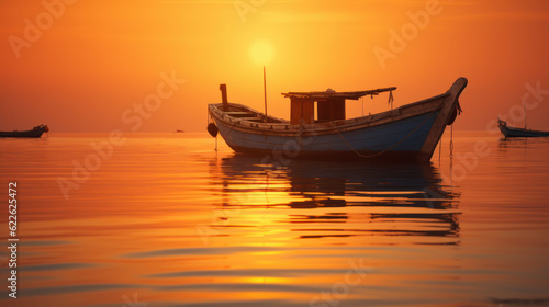 small traditional fishing boat on sea at sunset