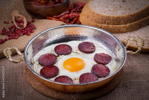 Fried sausage with egg in c...