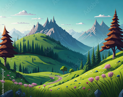 A cartoon summer scene with mountain landscape, Forest and meadow shores illustration, AI Generated