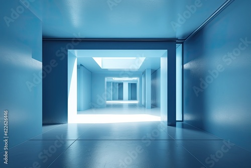 A blue walled, abstract, expansive environment with daylight and an empty mockup space. Concept for a gallery and nobody. Generative AI