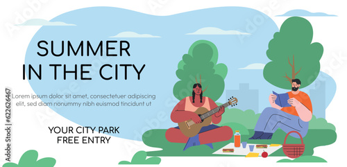Web banner concept. Summer in the city. People rest in the park, talking with friends, relaxing atmosphere. Man and woman in picnic talkingreading book. play the guitar. Flat style