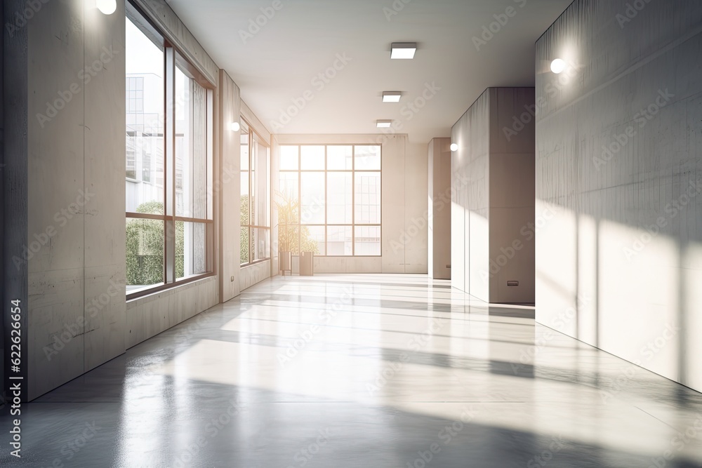 Obraz premium A bright, roomy hallway with a window, a blank wall, and a light, polished concrete floor. Generative AI