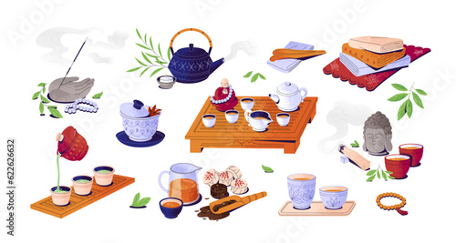 Chinese tea ceremony set. Asian traditional cups, bowls, pots and wooden trays, tables. Teapots, teacups, aroma sticks, towels and buddha. Flat vector illustrations isolated on white background