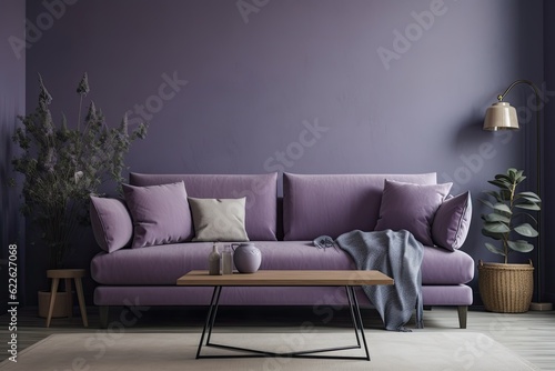 2022 living room color trend Very Peri. Lavender sofa in bright color with blank wall for artwork or image. Generative AI