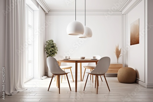 A circular white table and four brown chairs are in a minimalist white dining room area. a mockup. Generative AI photo