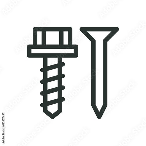 Roofing hardware isolated icon, roofing screw and metal nail vector icon with editable stroke