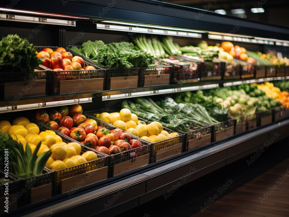 Close-up photo of a shelf of fresh vegetables in a supermarket, bright colors and light from bulbs. Generative AI