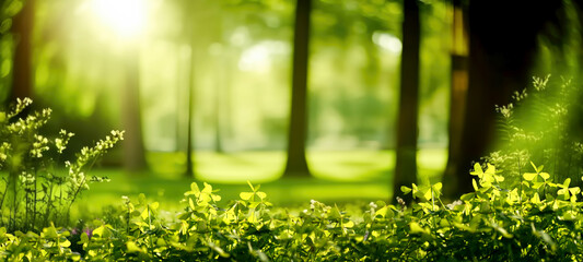 Defocused green trees in forest or park with wild grass and sun beams. Beautiful summer spring natural background.