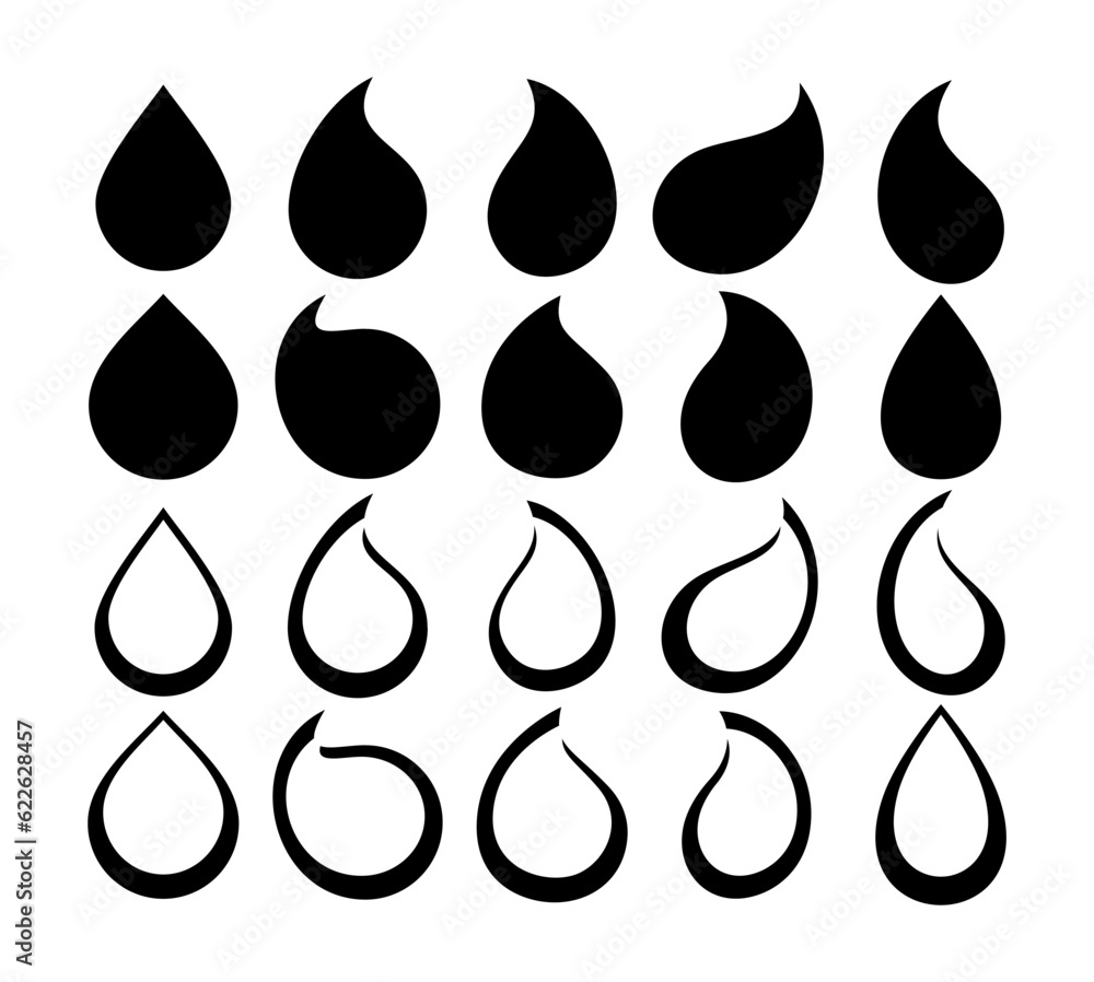 Silhouette flat line water drop icon design set Silhouette flat line water drop icon design set