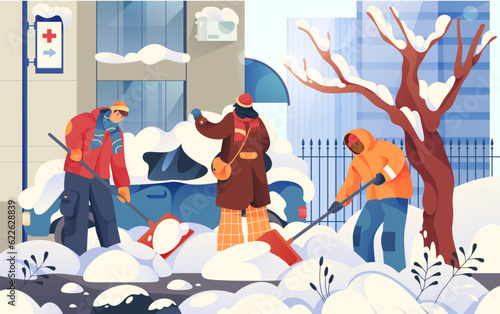 Vector illustration of people cleaning snow. Flat