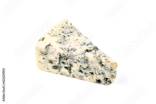 Blue cheese triangle, isolated on white background.