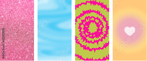 Set Of Geometric Glitter,heart,fluid Abstract Backgrounds. Lovely Vibes Posters Design. Trendy Y2K Illustration. photo