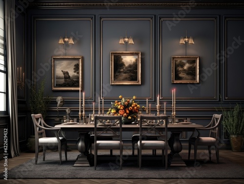 A modern dining room for vintage dining rooms and dining sets, in the style of dark and candlelight. Generative AI