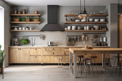 A contemporary kitchen including wooden shelving. Generative AI