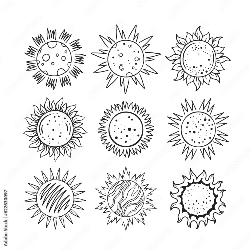 Hand Drawn Sun Outline Set Vector Illustration. Hand Drawn Sun Outline Set Vector Illustration.
