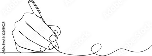 continuous single line drawing of hand writing with ballpoint pen, line art vector illustration