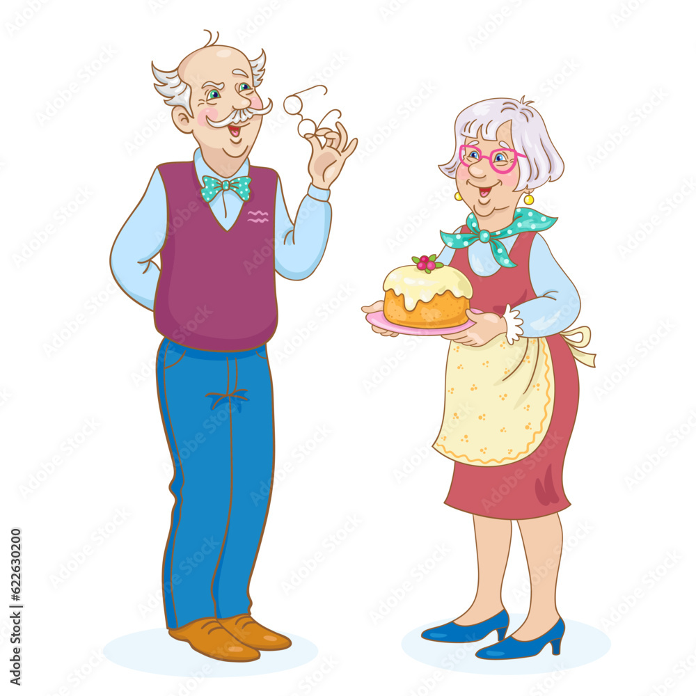 Grandfather and grandmother with with a beautiful cake. In cartoon style. Isolated on white background. Vector illustration. Grandfather and grandmother with with a beautiful cake. In cartoon style. Isolated on white background. Vector illustration.