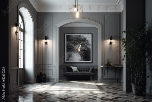 A contemporary classic room with a black and white marble floor  an arched entryway  an empty illuminated horizontal poster on the traditional gray wall with moldings  and built in lights. in front