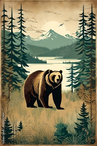 A vintage poster illustration of grizzly bear in the forest of Canada. Trees, Grass, Nature, lake. The poster is old and worn with a distressed. texture. (AI-generated fictional illustration) 
