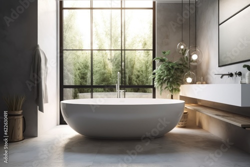 a bathtub in the bathroom of a house. Generative AI © Vusal