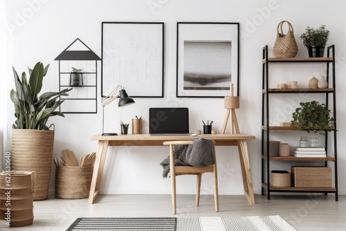 A chic Scandinavian living space features a shelf with a Mokc Up poster frame  a wooden desk  chair  bicycle  workplace supplies  and personal accessories. Generative AI