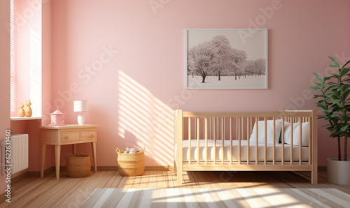 wooden baby cot bed on shag rug