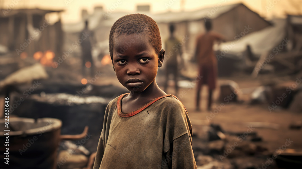 Fototapeta premium An underprivileged black child in a marginalized village, symbolizing the systemic inequalities and hardships faced by communities in third world countries. AI generated