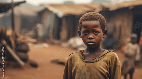 A disadvantaged boy in a poverty-stricken village, emphasizing the urgent global issue of poverty and the impact on children's lives. AI generated