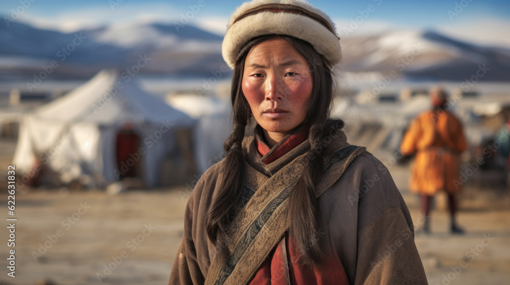 Portrait of a Mongolian woman in the mountains and steppes of Mongolia against the background of a settlement. AI generated