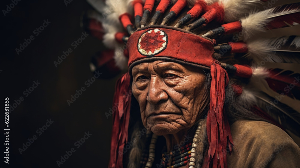 Portrait of the senior man of a native red Indian in America. AI generated