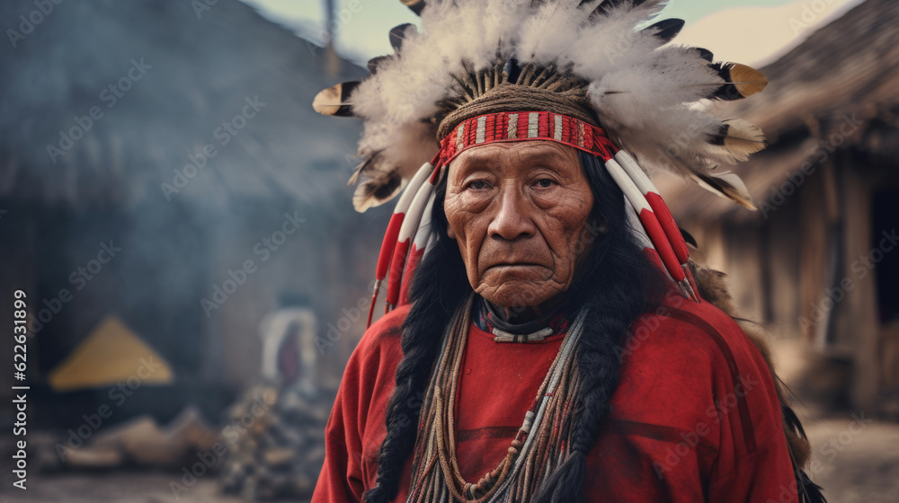 Portrait of the senior man of a native red Indian in America. headdress with feathers AI generated