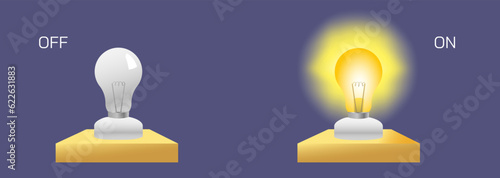 light bulb on off lit and unlit vector illustration. Turn off, turn on light bulb. Electrical experiments. switched on and off. Filament burning illustration. Electric led. 
