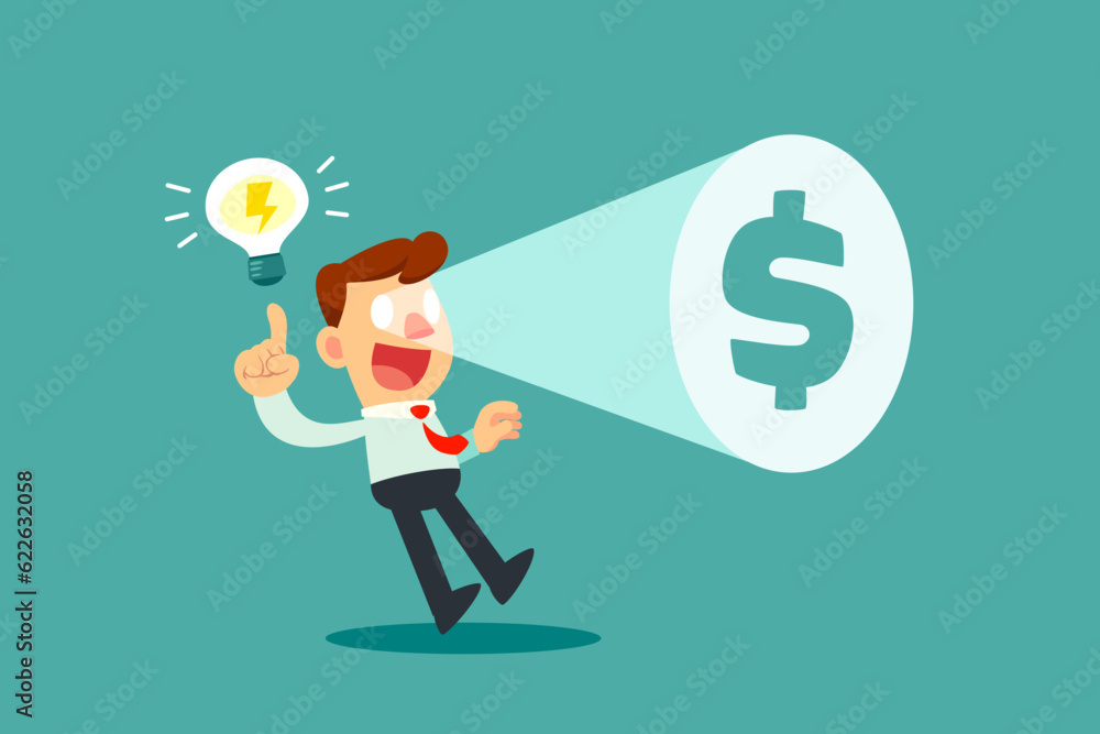 businessman with idea bulb has light shine from his eye showing dollar sign businessman with idea bulb has light shine from his eye showing dollar sign