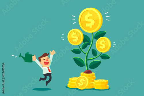 businessman with watering can growing big money tree