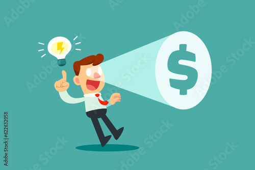 businessman with idea bulb has light shine from his eye showing dollar sign photo