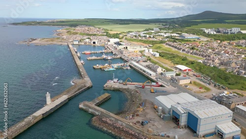Aerial drone video of the harbour in Buckie, Scotland