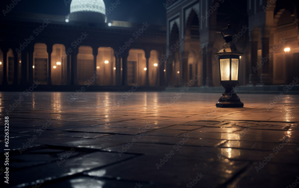 A lantern in the middle of the courtyard of an Islamic mosque with a cement floor reflecting foggy lights in the back