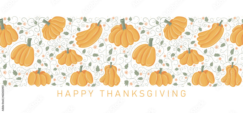 Happy thanksgiving. Trendy design with ripe pumpkins and leaves. Perfect background for banner, poster, flyer, cover. Vector illustration