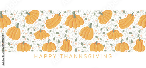 Happy thanksgiving. Trendy design with ripe pumpkins and leaves. Perfect background for banner, poster, flyer, cover. Vector illustration