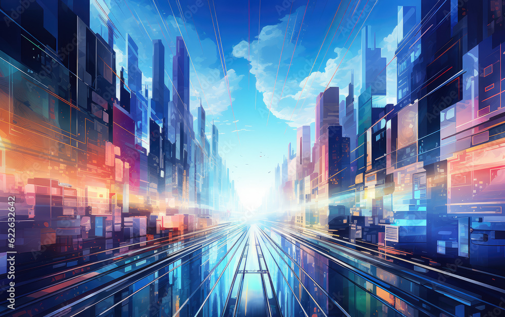 Digital artwork that portrays futuristic cityscapes bathed in vibrant daylight. Incorporate sleek, geometric architecture and elements of advanced technology AI Generative