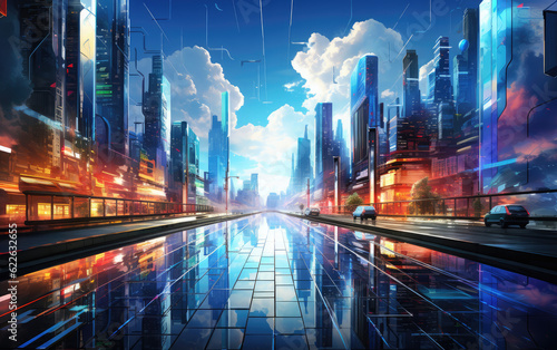 Digital artwork that portrays futuristic cityscapes bathed in vibrant daylight. Incorporate sleek  geometric architecture and elements of advanced technology AI Generative