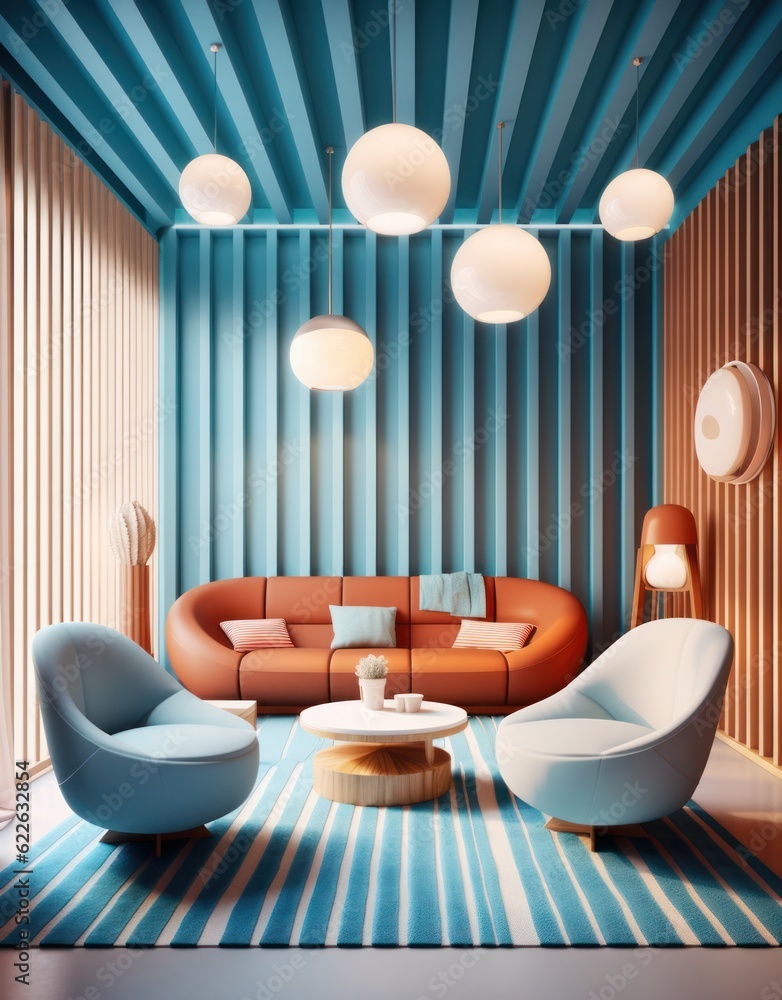 Modern lounge area with round geometric details and blue accents. Interior concept, 3d render Modern lounge area with round geometric details and blue accents. Interior concept, 3d render